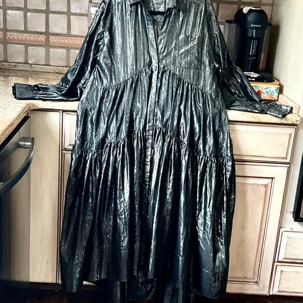 Anthropologie Pilcro Dress V Black Metallic Hi Lo Long Sleeve Midi Maxi - Picture 2 of 9